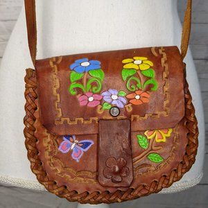 Painted Flower Leather Hippy Crossbody Purse